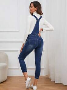 SHEIN 孕婦1入組破洞牛仔背帶褲 - 中等水洗藍 - 查看 2