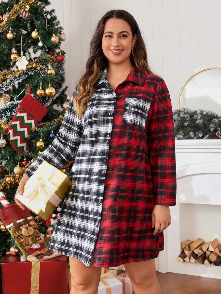 SHEIN LUNE Talla grande Vestido camisero con estampado de cuadros de color combinado - Multicolor - Ver 1