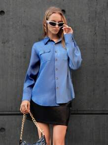 SHEIN Essnce 翻蓋口袋前紐扣襯衫 - 藍色 - 查看 1