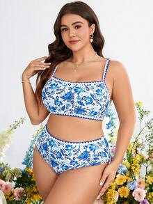 SHEIN Swim Curve Plus Floral Print Contrast Binding Bikini Set - Blue - View 5