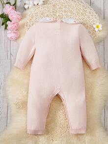 SHEIN 女嬰拼接印花翻領前蝴蝶結麻花編織毛衣連身衣 - 粉色 - 查看 2