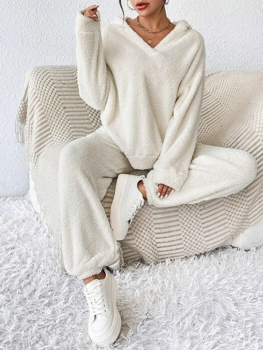 SHEIN Frenchy 落肩袖連帽衫和褲子 - 杏色 - 查看 1