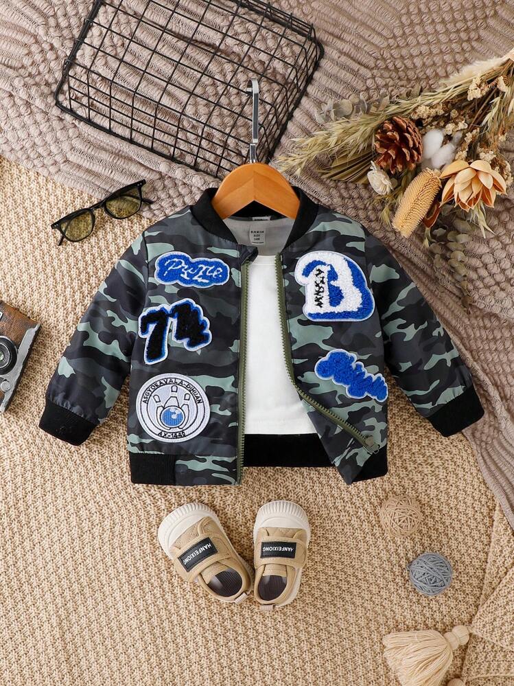 תינוקות בנים הדפס צבאי פרט פאטץ' אותיות ג'קט בומבר ללא חולצת טי - ריבוי צבעים - ראה 1