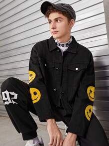SHEIN 青少年男孩卡通圖案翻蓋細節牛仔夾克