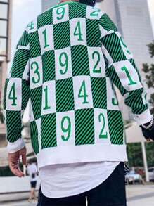 Manfinity Hypemode 男士棋盤格&字母圖案套頭毛衣 - 綠色 - 查看 2