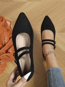 Giày bệt quai khóa đôi cho nữ, giày múa ba lê có mũi thấp, giày mũi nhọn thời trang cho mùa xuân và mùa thu - màu đen - Xem 3