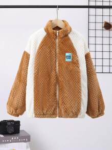 SHEIN Tween Boy Letter Patched Colorblock Drop Shoulder Teddy Jacket Without Hoodie,In Fall/Winter - Multicolor - View 3