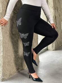 SHEIN Privé Plus Rhinestone Butterfly Pattern Leggings - Black - View 1