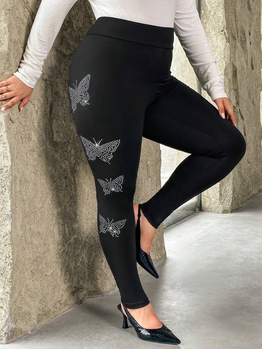 SHEIN Privé Plus Rhinestone Butterfly Pattern Leggings - Black - View 1