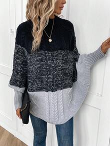 SHEIN LUNE Poncho de color combinado de manga murciélago tejido de cable - Blanco y Negro - Ver 5
