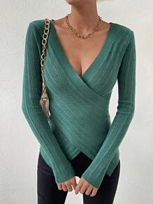 SHEIN Privé Solid Criss Cross Wrap Sweater - Dark Green - View 1