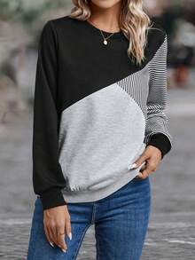 EMERY ROSE Striped Print Colorblock Sweatshirt - Grey - View 6