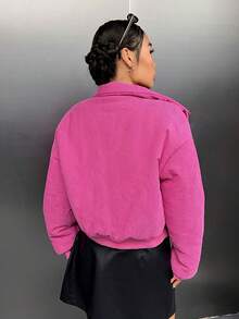 SHEIN EZwear Zip Up Snap Button Corduroy Padded Coat - Hot Pink - View 2