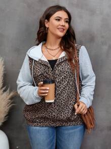 SHEIN LUNE Plus Leopard Print Colorblock Drawstring Hooded Jacket - Khaki - View 1