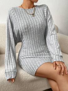 SHEIN Essnce 條紋針織蝙蝠袖緊身洋裝 - 灰色 - 查看 4