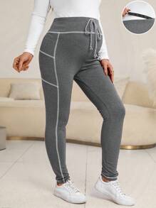 SHEIN Maternity Adjustable Waist Top-stitching Knot Front Leggings - Grey - View 1