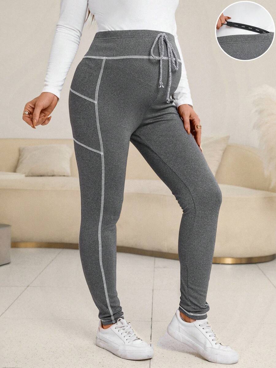 SHEIN Maternity Adjustable Waist Top-stitching Knot Front Leggings - Grey - View 1