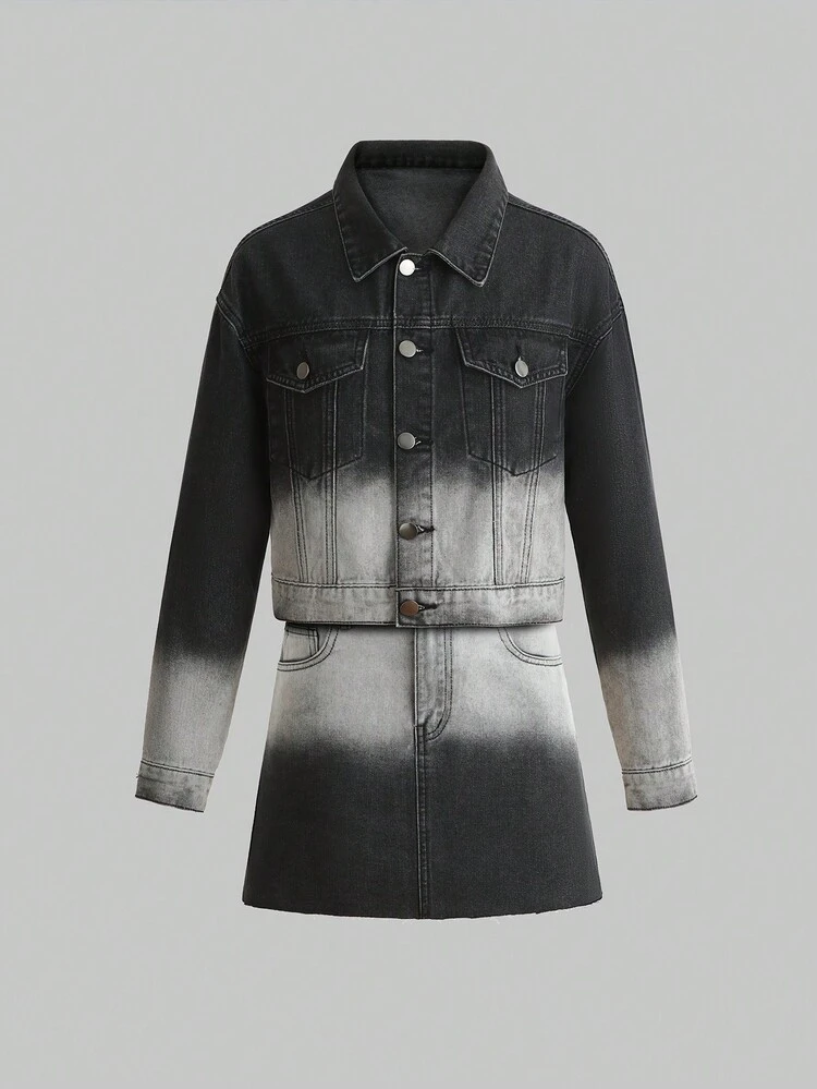 Teen Girl Ombre Flap Pocket Denim Jacket & Skirt