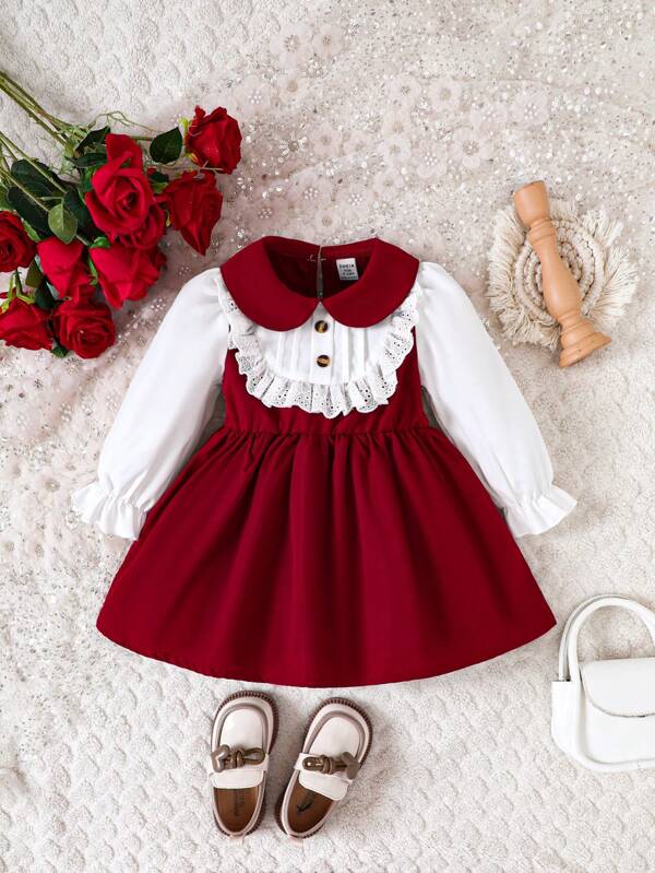 Bebé niña Vestido con encaje en contraste ribete con fruncido de manga con volante de cuello bobo