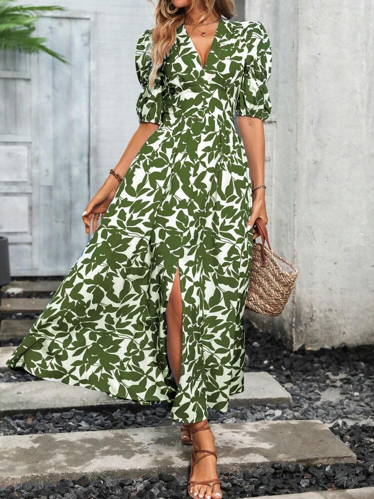 SHEIN VCAY Allover Print Puff Sleeve Split Thigh Dress | SHEIN USA