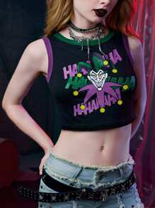 Harley Quinn | ROMWE 字母圖案撞色滾邊背心上衣 - 黑色 - 查看 5