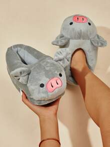 Women's Cartoon Pig Slippers Autumn/Winter, Closed-Back Warm Indoor Slippers - Grey - View 1