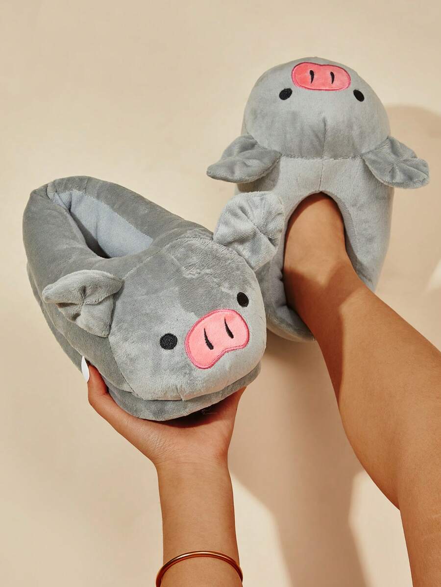 Women's Cartoon Pig Slippers Autumn/Winter, Closed-Back Warm Indoor Slippers - Grey - View 1