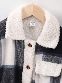 男大童1入組格紋印花羊絨領口翻蓋口袋毛絨內襯外套 - 藍色 - 查看 4