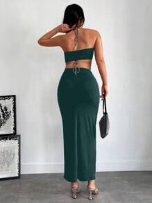 RueChic Crisscross Tie Backless Halter Top & Skirt - Dark Green - View 3