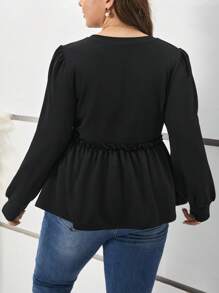 SHEIN Frenchy Plus Frill Trim Lantern Sleeve Peplum Blouse - Black - View 2
