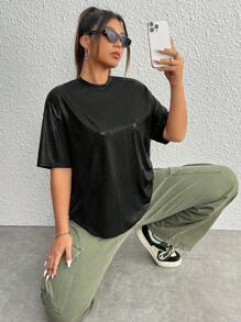 SHEIN EZwear 夏季加大鳄鱼压纹落肩衬衫 - 黑色 - 查看 5