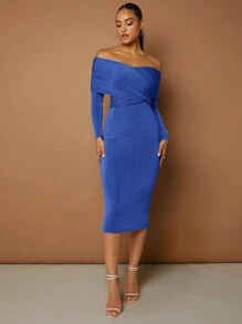 SHEIN BAE Off Shoulder Ruched Side Wrap Cross Bodycon Dress - Royal Blue - View 8