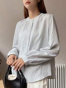 DAZY Plaid Print Button Front Shirt,Long Sleeve Tops - Green - View 5