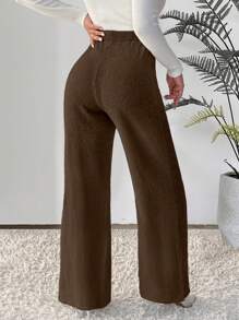 SHEIN LUNE Drawstring Waist Wide Leg Sweater Pants - Coffee Brown - View 2