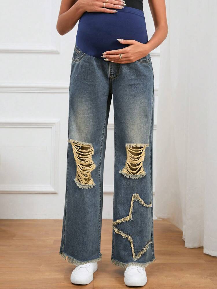 Maternity Wideband Waist Ripped Frayed Raw Hem Jeans