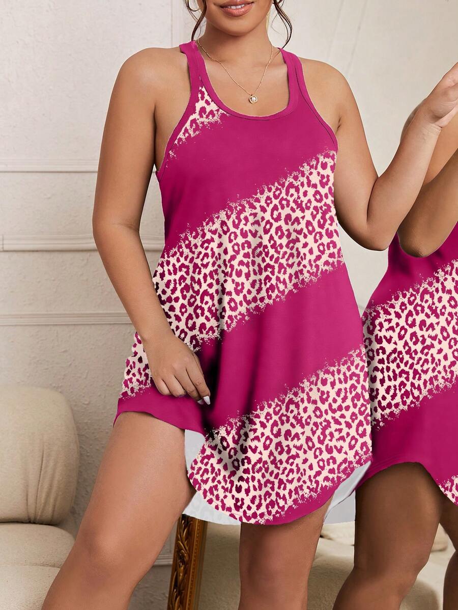 Plus Leopard Print Pajama Nightdress - Hot Pink - View 1