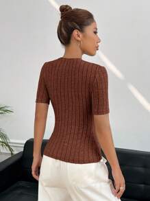 SHEIN EZwear 素色條紋針織T恤 - 巧克力棕 - 查看 2