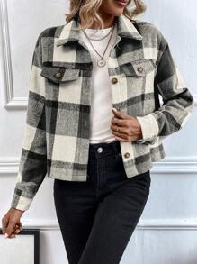SHEIN LUNE In kẻ sọc Thả vai Chi tiết về Flap Áo khoác - màu đen - Xem 3