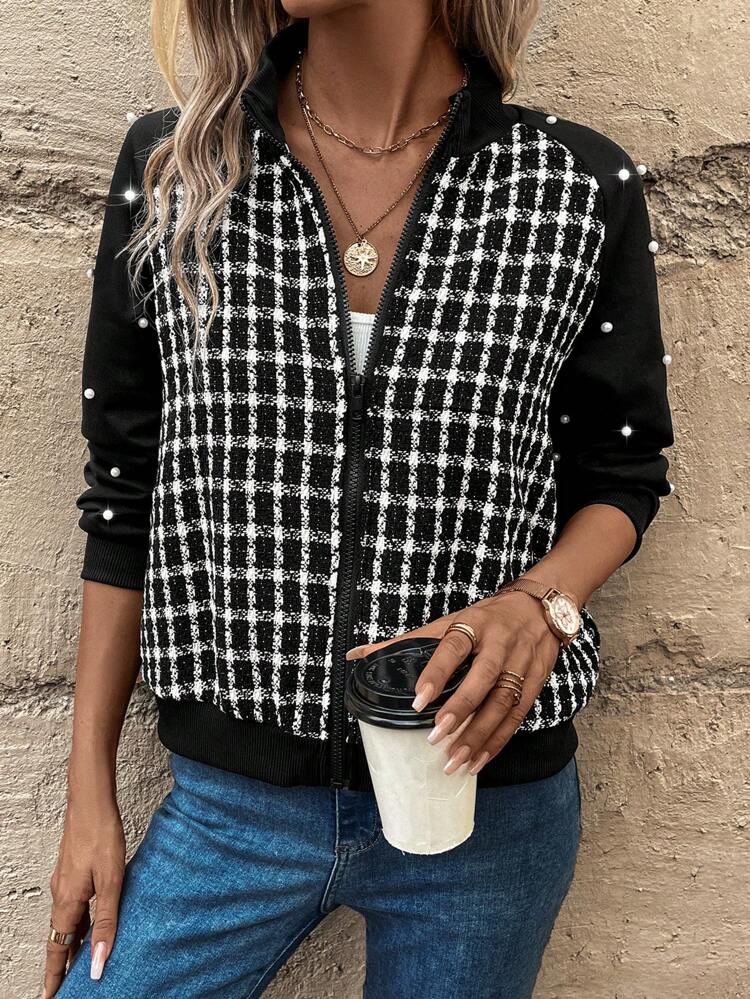 Plaid Pattern Raglan Sleeve Zip Up Tweed Jacket Fall Cloth For Women