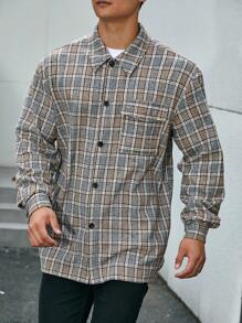 Manfinity Homme Men Plus Plaid Flap Pocket Overcoat - Brown - View 6