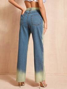 SHEIN BAE 高腰漸層直筒牛仔褲 - 深色水洗藍 - 查看 2