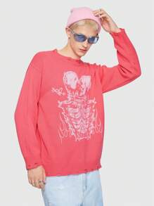 ROMWE MEN Street Life Hombres Jersey con patrón de cráneo de hombros caídos - Rosa - Ver 5