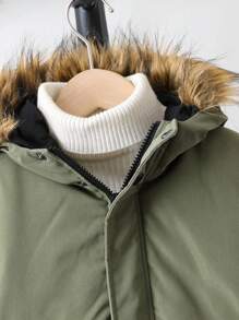 Young Boy Fuzzy Trim Hooded Padded Coat Without Sweater Winter - Army Green - View 3
