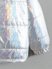 Young Boy Holographic Letter Patched Detail 3D Ear Design Hooded Zipper Thermal Lined Padded Coat Without Sweater - Silver - View 4