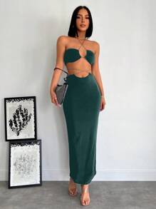 RueChic Crisscross Tie Backless Halter Top & Skirt - Dark Green - View 1