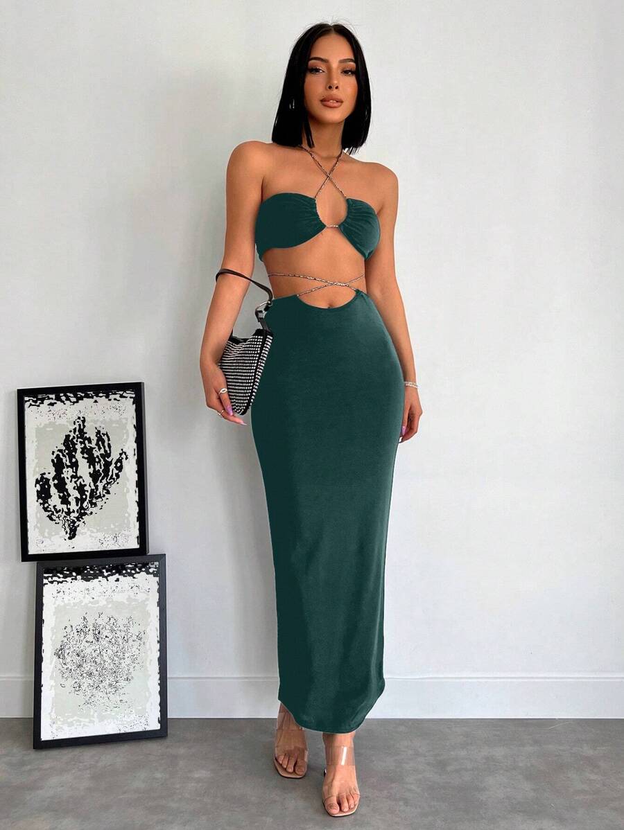 RueChic Crisscross Tie Backless Halter Top & Skirt - Dark Green - View 1