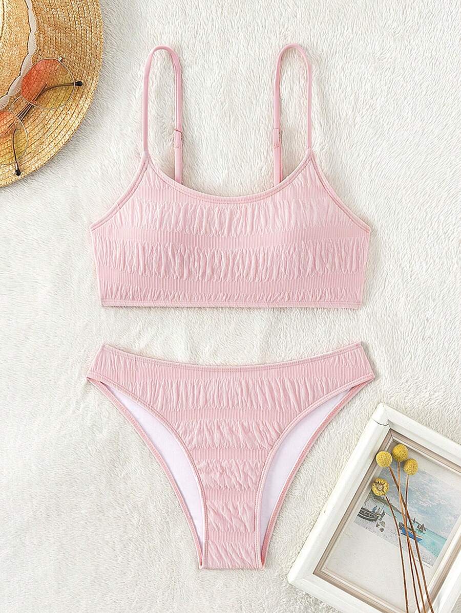 SHEIN Solid Ruched Bikini Set - Pink - View 1