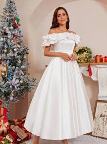 一字肩荷葉邊婚紗洋裝 - 白色 - 查看 1