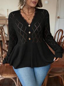 EMERY ROSE Plus Contrast Lace Button Front Peplum Pointelle Knit Sweater, For Winter Knit Pullover Fall Outfit - Black - View 6