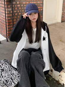 DAZY 女式拼色连帽羊毛衫秋冬拉链 - 黑與白 - 查看 6